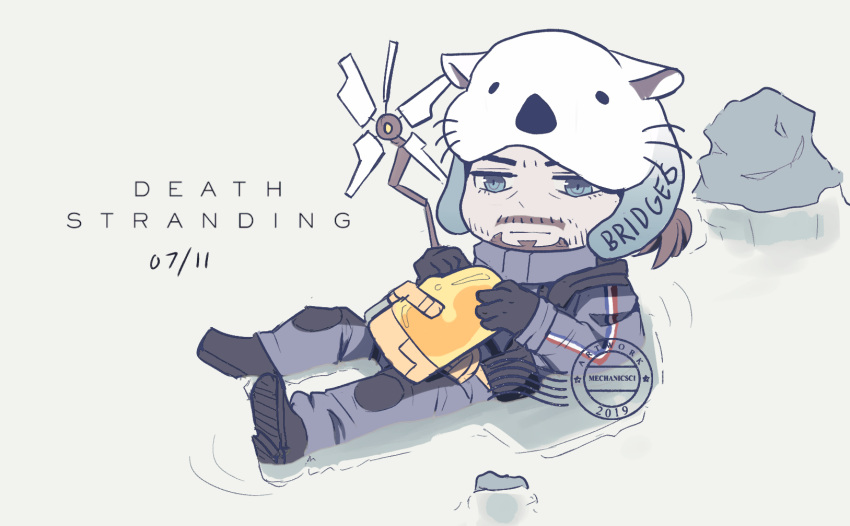 backpack bag chibi death_stranding facial_hair floating highres mechanicsci otter overalls river rock sam_porter_bridges