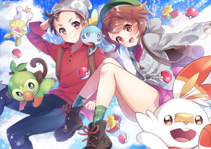 1boy 1girl :d ahoge animal animal_on_shoulder backpack bag blue_sky brown_eyes brown_footwear brown_hair clouds female_protagonist_(pokemon_swsh) gossifleur grookey highres kisukekun open_mouth pants pink_skirt poke_ball poke_ball_(generic) pokemon pokemon_(game) pokemon_swsh red_eyes red_shirt scorbunny shirt short_hair skirt sky smile sobble socks tongue tongue_out yamper