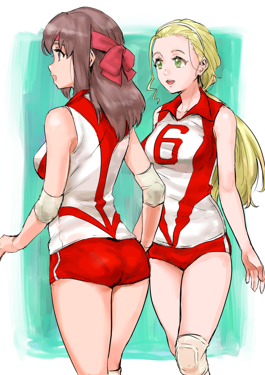 2girls absurdres ass bangs blonde_hair brown_eyes brown_hair elbow_pads from_behind girls_und_panzer green_eyes hair_pulled_back hairband headband highres hisaki knee_pads kondou_taeko long_hair looking_to_the_side medium_hair multiple_girls open_mouth pantylines ponytail red_headband red_shirt red_shorts sasaki_akebi shirt short_shorts shorts single_vertical_stripe sleeveless sleeveless_shirt smile sportswear standing volleyball_uniform white_hairband