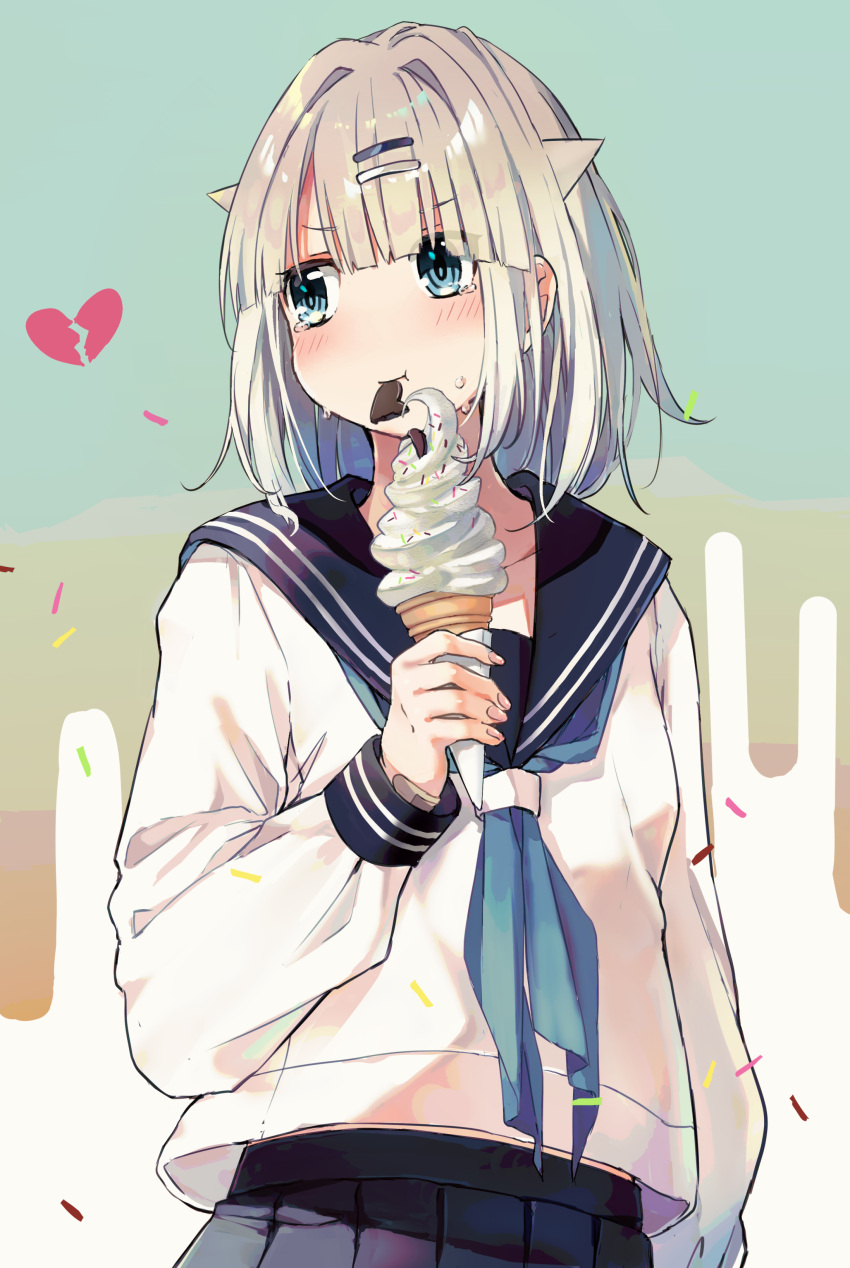 1girl :t absurdres arm_at_side bandaid_on_hand bangs blue_eyes blue_neckwear blue_sailor_collar blue_skirt blunt_bangs blush broken_heart candy chocolate chocolate_heart closed_mouth commentary_request eating food gradient gradient_background hair_ornament hairclip heart highres holding holding_food ice_cream ice_cream_cone long_sleeves looking_away looking_to_the_side neckerchief original sailor_collar school_uniform serafuku shirt short_hair silver_hair skirt solo soranagi_yuki tears upper_body v-shaped_eyebrows white_shirt