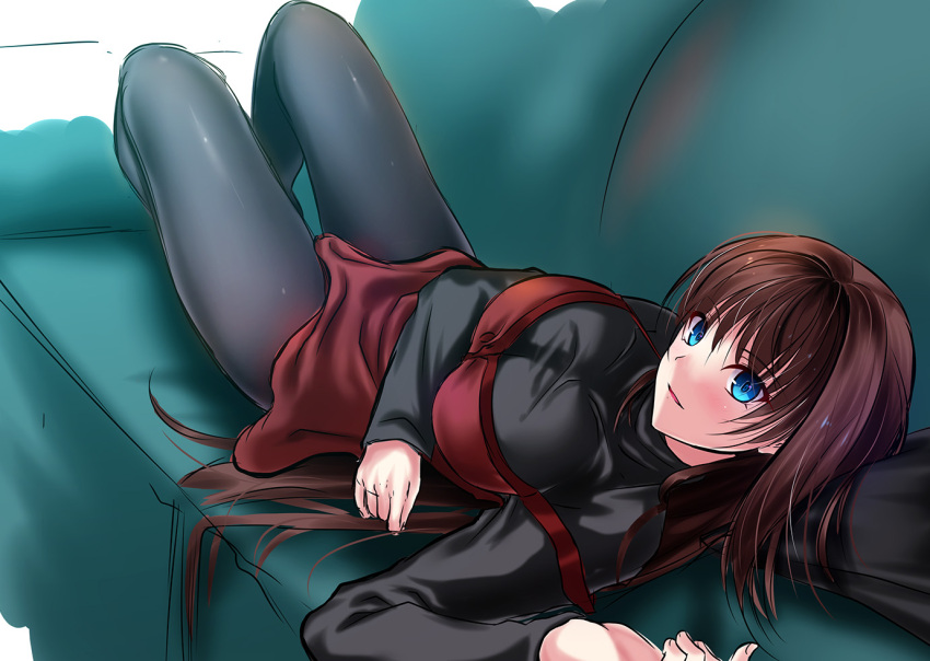 1girl akeyama_kitsune aozaki_aoko blue_eyes blush breasts brown_hair couch dress large_breasts looking_at_viewer lying mahou_tsukai_no_yoru on_couch on_side red_dress smile solo strap_slip