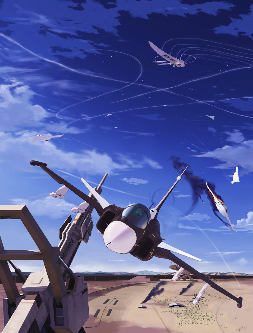 absurdres ace_combat ace_combat_7 aerial_battle aircraft airplane arsenal_bird battle cannon clouds cloudy_sky condensation_trail dogfight drone fire glint highres military missile pilot pilot_helmet rafale sky smoke stonehenge_turret_network thompson