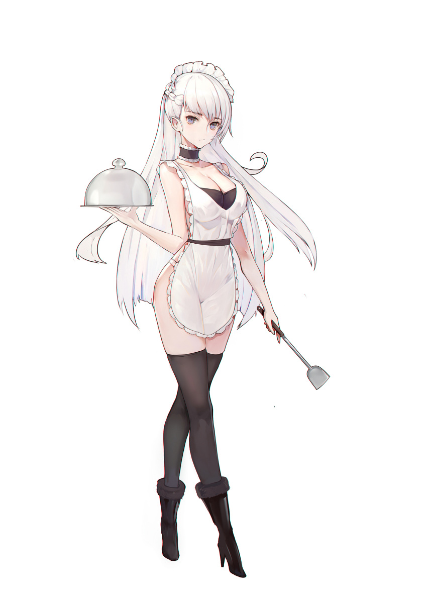 1girl absurdres apron azur_lane ban_bu_bu_duou belfast_(azur_lane) boots braid closed_mouth expressionless french_braid frilled_apron frills full_body grey_eyes high_heel_boots high_heels highres holding holding_spatula holding_tray long_hair looking_at_viewer naked_apron silver_hair simple_background solo spatula standing thigh-highs tray walking white_background white_legwear
