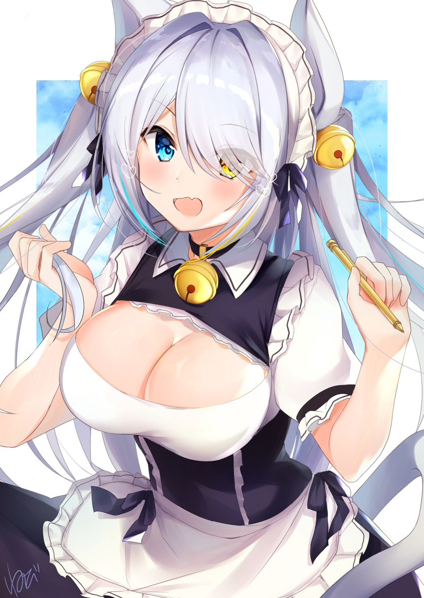 1girl :d absurdres animal_ears apron artist_name bell black_choker black_dress black_ribbon blue_eyes blue_hair blush breasts cat_ears choker commentary_request dress eyebrows_visible_through_hair frilled_apron frills hair_bell hair_ornament hair_over_one_eye hands_up heterochromia highres holding holding_pencil jingle_bell large_breasts long_hair looking_at_viewer maid maid_apron maid_headdress multicolored_hair nenobi_(nenorium) open_mouth original pencil puffy_short_sleeves puffy_sleeves ribbon shirt short_sleeves signature silver_hair smile solo streaked_hair translated twintails upper_body waist_apron white_apron white_background white_shirt yellow_eyes