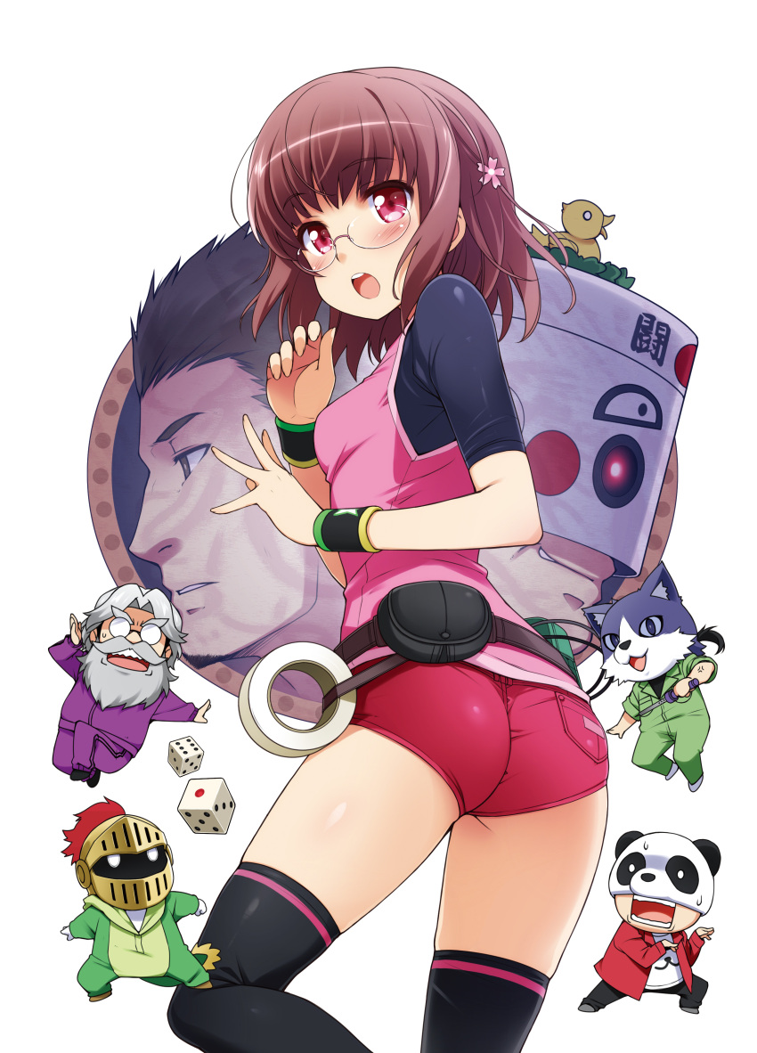 1girl 6+boys absurdres akayama_sakura ass bangs belt_pouch black_legwear blush breasts brown_hair copyright_request dice eyebrows_visible_through_hair from_behind glasses haga_yui hair_ornament hands_up highres looking_back medium_breasts multiple_boys novel_illustration official_art open_mouth pink_shirt pouch red_eyes red_shorts shiny shiny_hair shiny_skin shirt short_hair short_shorts short_sleeves shorts sidelocks simple_background skin_tight teeth thigh-highs thighs white_background wristband