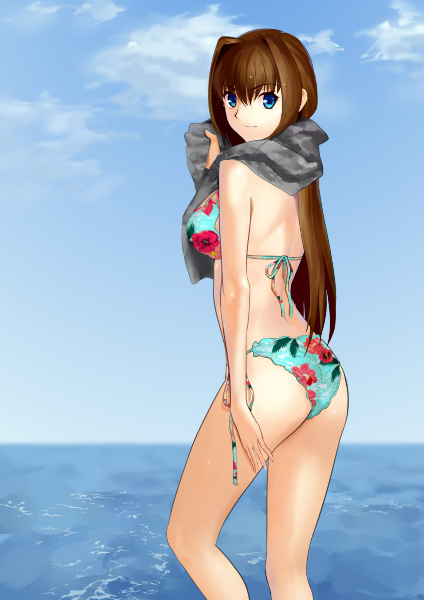 1girl absurdres aozaki_aoko arm_at_side ass bikini blue_eyes blue_sky breasts brown_hair clouds cqqz0707 floral_print from_side hair_between_eyes highres long_hair looking_at_viewer mahou_tsukai_no_yoru medium_breasts sky smile solo swimsuit water