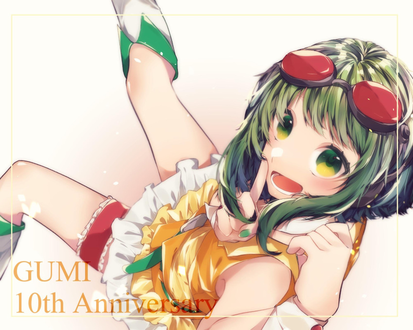 1girl anniversary arms_up bare_shoulders boots character_name commentary dress feet_out_of_frame foreshortening frilled_dress frilled_legwear frills from_above goggles goggles_on_head green_eyes green_hair green_nails gumi highres index_finger_raised knee_boots light_blush looking_at_viewer manya_sora nail_polish open_mouth orange_dress red_goggles sleeveless sleeveless_dress smile solo thigh_strap vocaloid