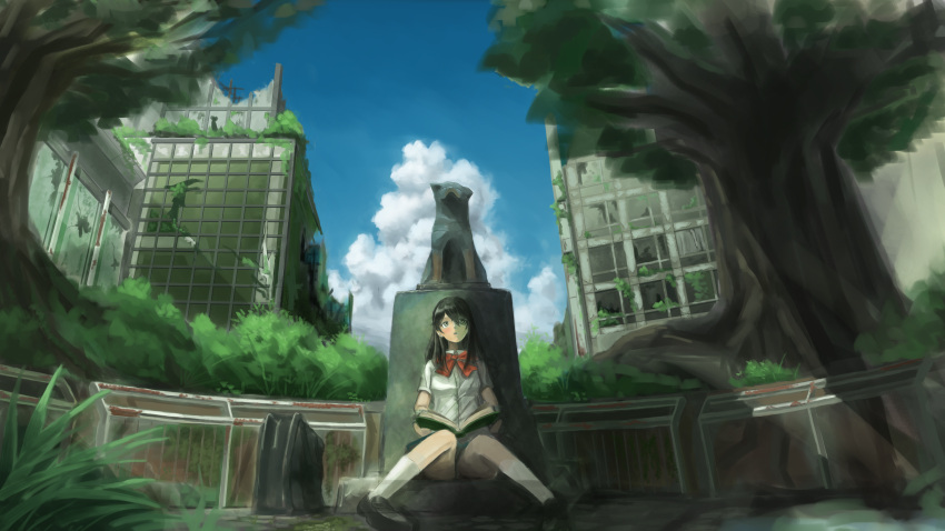 1girl absurdres black_footwear black_hair blue_sky book bow bush clouds grass highres huge_filesize legs_apart long_hair luggage masasalavo18 open_book original red_bow ruins scenery school_uniform short_sleeves sitting sky socks solo statue tree