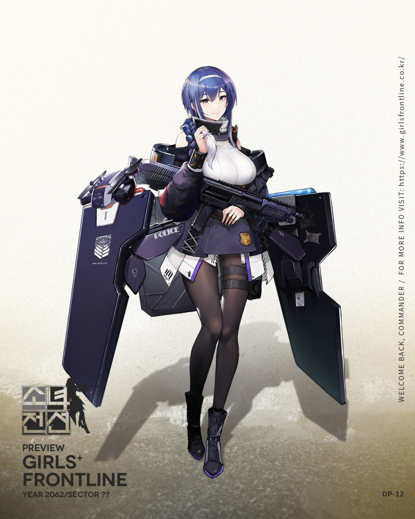 1girl badge baggy_clothes black_footwear black_legwear blue_hair boots braid breasts character_name dp-12_(girls_frontline) full_body girls_frontline grey_eyes gun hair_over_shoulder hairband highres holding jacket large_breasts multicolored_hair official_art pandea_work pantyhose playing_with_own_hair pump_action purple_jacket purple_skirt shield shotgun single_braid skirt sleeveless smile solo standard_manufacturing_dp-12 standing thigh_strap turtleneck watermark weapon white_hair white_hairband