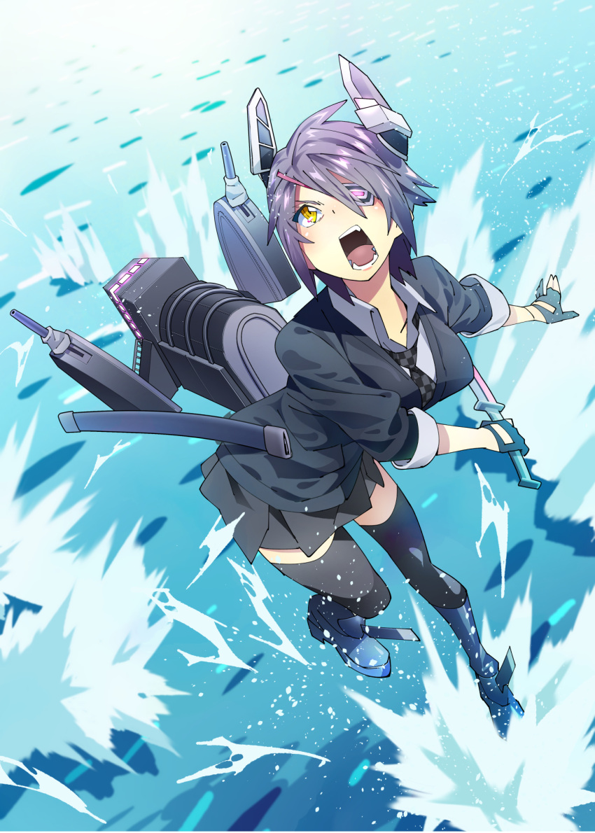 1girl bangs black_gloves black_legwear black_skirt blush breasts checkered checkered_neckwear commentary_request day eyepatch gloves headgear highres holding holding_sword holding_weapon jacket kantai_collection necktie open_mouth outdoors partly_fingerless_gloves purple_hair rigging sheath shirt short_hair skirt solo sword tenryuu_(kantai_collection) thigh-highs tsurukame_(doku) water weapon yellow_eyes
