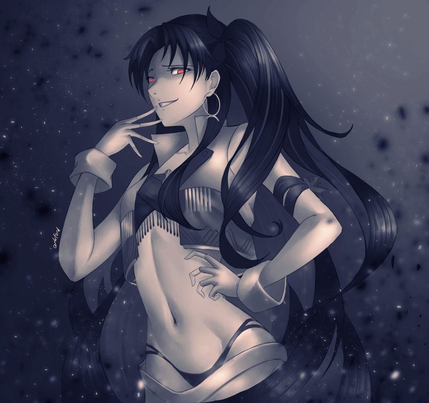 1girl ark_ford armband black_bra black_hair black_panties bra collarbone earrings fate/grand_order fate_(series) fingerless_gloves floating_hair gesugao gloves grey_background grin hair_intakes hand_on_hip highres ishtar_(fate/grand_order) jewelry long_hair looking_at_viewer midriff navel panties red_eyes shiny shiny_hair signature smile solo stomach twintails underwear upper_body very_long_hair white_gloves wrist_cuffs