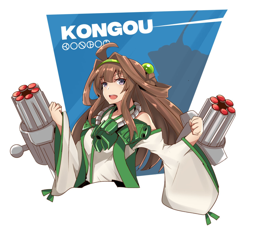 1girl ahoge altronage bangs bionicle blue_background braid character_name clenched_hands commentary commission cosplay cropped_torso english_commentary eyebrows_visible_through_hair green_hairband hair_between_eyes hairband hands_up highres kantai_collection kongou_(kantai_collection) kongu_(bionicle) kongu_(bionicle)_(cosplay) long_hair long_sleeves looking_at_viewer open_mouth round_teeth sleeves_past_wrists solo teeth the_lego_group two-tone_background upper_body upper_teeth v-shaped_eyebrows very_long_hair violet_eyes white_background wide_sleeves