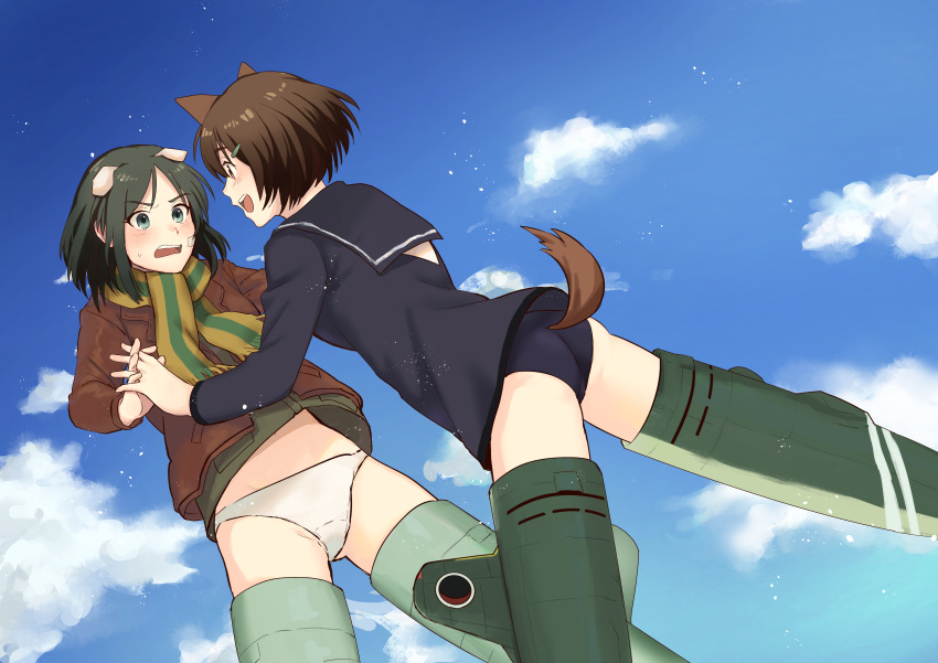 2girls absurdres animal_ears ass azu_(yamahasu1245) blush brave_witches breasts brown_hair brown_jacket clouds dog_ears eyebrows_visible_through_hair flying green_eyes green_hair hair_ornament hairclip highres holding_hands jacket kanno_naoe karibuchi_hikari looking_at_another military military_uniform multiple_girls navel open_mouth panties scarf shiny shiny_hair short_hair sky small_breasts smile squirrel_ears squirrel_tail striker_unit swimsuit swimwear tail teeth tongue underwear uniform upper_teeth white_panties world_witches_series yuri