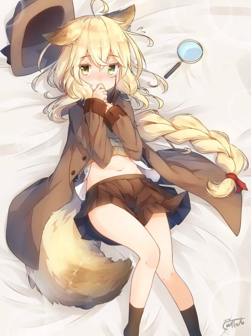 1girl absurdres ahoge animal_ear_fluff animal_ears bangs bed_sheet black_legwear black_skirt blonde_hair blush braid brown_headwear brown_jacket brown_sweater commentary_request coreytaiyo covering_mouth dated dress_shirt eyebrows_visible_through_hair feet_out_of_frame flying_sweatdrops hair_between_eyes hat hat_removed headwear_removed highres jacket long_hair long_sleeves looking_at_viewer lying magnifying_glass monocle navel nose_blush on_back open_clothes open_jacket open_shirt original pleated_skirt shirt signature skindentation skirt socks solo sweater tail very_long_hair white_shirt yellow_eyes