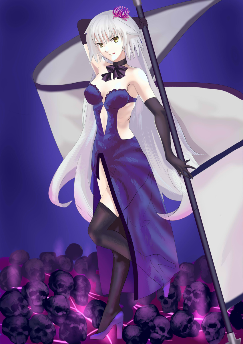 :p absurdres arm_behind_head armpits bare_shoulders black_gloves bow_choker breasts cqqz0707 dress elbow_gloves fate/grand_order fate_(series) flower gloves grey_hair hair_flower hair_ornament high_heels highres jeanne_d'arc_(alter)_(fate) jeanne_d'arc_(fate)_(all) long_hair medium_hair purple_footwear skull standard_bearer standing standing_on_one_leg strapless strapless_dress thigh-highs tongue tongue_out very_long_hair yellow_eyes