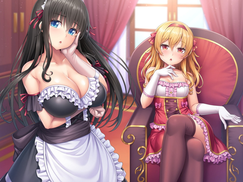 2girls apron bare_shoulders black_bow black_hair black_legwear blue_eyes blush bow breast_lift breasts chair chestnut_mouth crossed_legs day elbow_gloves frills gloves hair_bow hair_ribbon hairband hand_on_own_cheek hand_up indoors looking_at_viewer maid_apron multiple_girls official_art red_bow red_hairband red_ribbon ribbon sitting small_breasts thigh-highs white_gloves