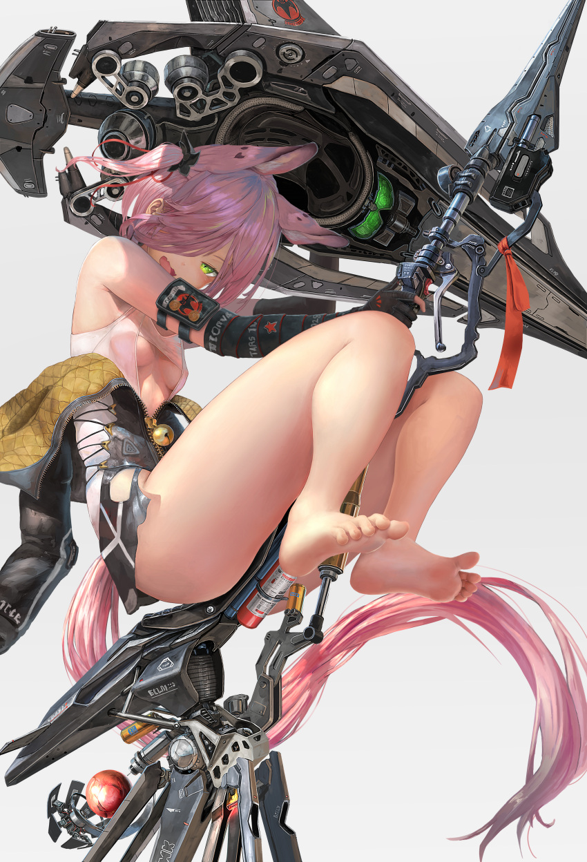 +_+ 1girl absurdres animal_ears barefoot bell breasts broom broom_riding cat_ears cat_tail fangs gloves green_eyes hair_over_one_eye highres huge_filesize jingle_bell leotard looking_at_viewer nihoshi_(bipedal_s) one_side_up open_mouth original pink_hair science_fiction short_hair small_breasts solo tail under_boob zipper