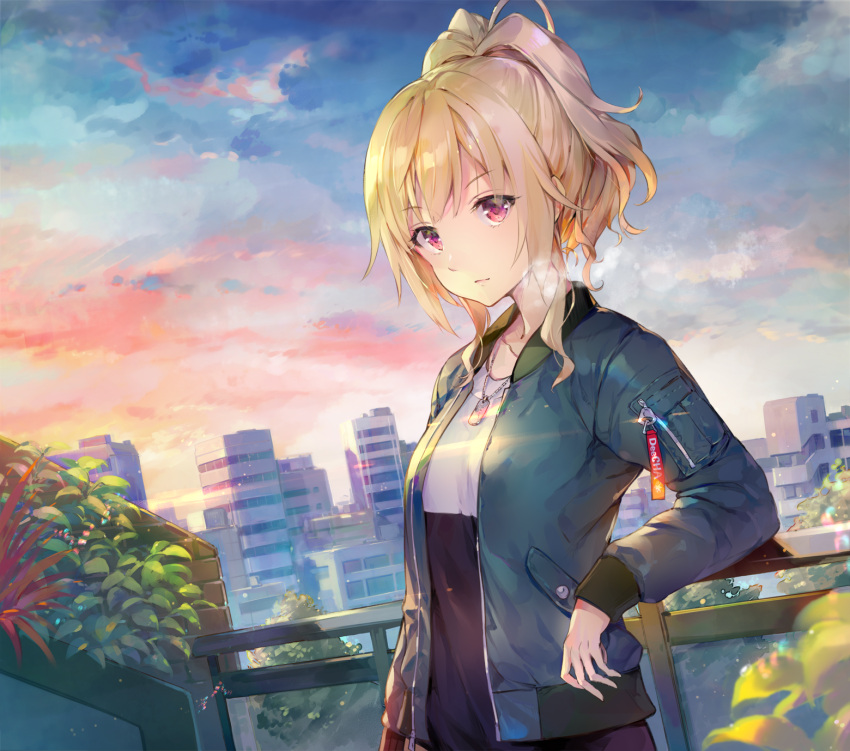 1girl bangs blonde_hair blue_jacket breasts breath building closed_mouth clouds cloudy_sky commentary deecha dog_tags english_commentary eyebrows_visible_through_hair high_ponytail highres jacket long_sleeves looking_at_viewer open_clothes open_jacket original outdoors ponytail railing sky small_breasts solo sunset violet_eyes