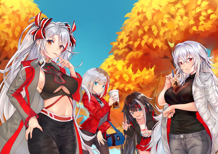 4girls :d absurdres admiral_graf_spee_(azur_lane) ahoge alternate_costume autumn azur_lane bag bag_charm bangs between_breasts black_jacket black_pants blue_eyes blue_sky blunt_bangs bow breasts bubble_tea casual charm_(object) claw_pose closed_mouth coat cowboy_shot crop_top cup day deutschland_(azur_lane) disposable_cup eyebrows_visible_through_hair finger_to_mouth graf_zeppelin_(azur_lane) grey_coat grey_pants grey_shirt hair_bow hand_on_hip highres holding holding_cup iron_cross jacket ko_ma0998 large_breasts leaning_forward long_hair long_sleeves looking_at_viewer miniskirt mole mole_on_breast multicolored_hair multiple_girls open_clothes open_coat open_jacket open_mouth orange_eyes outdoors pants parted_lips prinz_eugen_(azur_lane) red_bow red_jacket red_skirt redhead shirt short_hair silver_hair skirt sky smile streaked_hair tree two_side_up under_boob underboob_cutout very_long_hair white_coat white_hair white_shirt