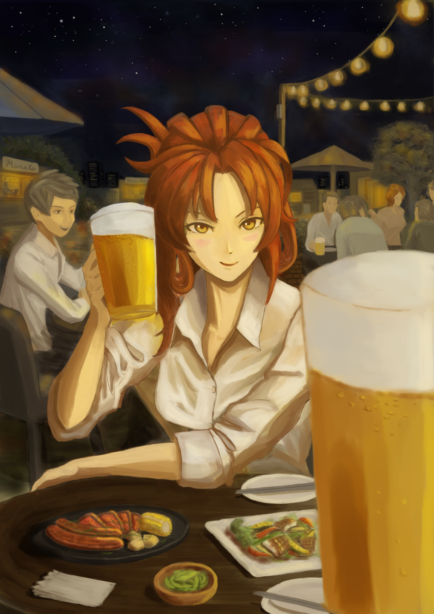 2girls 5boys absurdres alcohol beer brown_eyes brown_hair chopsticks corn cup faceless faceless_male food highres holding holding_cup honkai_(series) honkai_impact_3rd masasalavo18 meat multiple_boys multiple_girls murata_himeko night night_sky outdoors plate shirt sky star_(sky) starry_sky table white_shirt