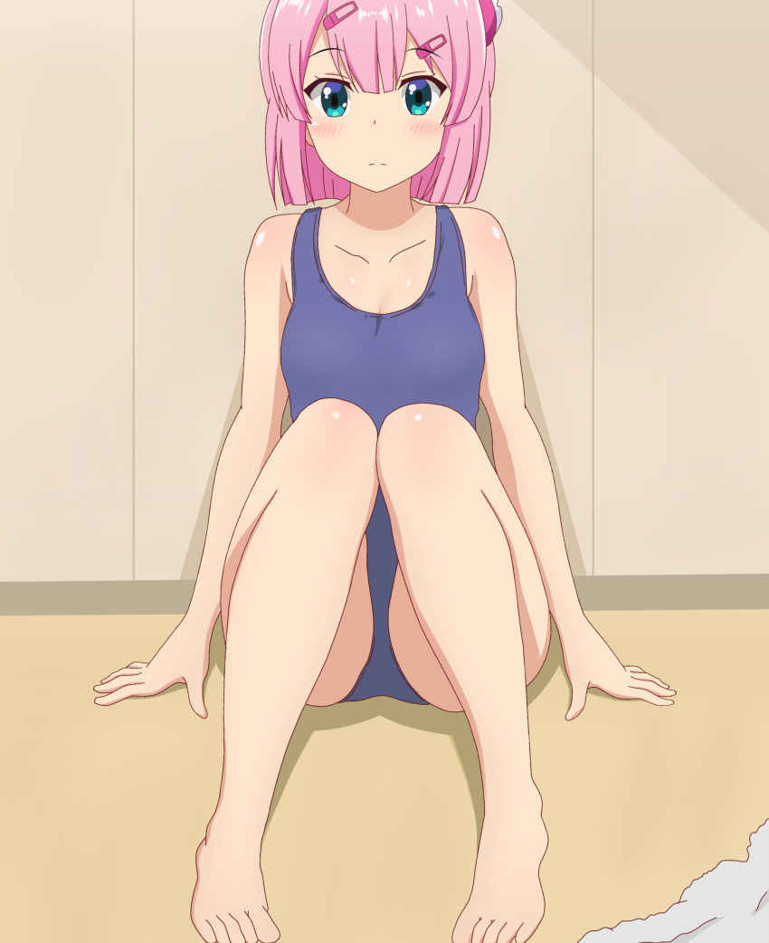 1girl absurdres blue_eyes blush breasts chiyoda_momo closed_mouth collarbone crotch hair_ornament hairclip highres looking_at_viewer machikado_mazoku on_floor pink_hair poa_mellhen school_swimsuit shiny shiny_hair shiny_skin short_hair sitting small_breasts solo swimsuit swimwear towel