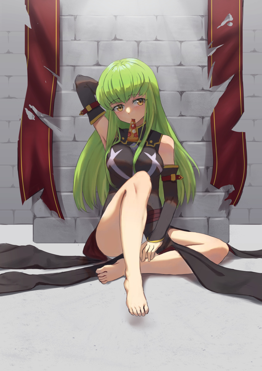 1girl absurdres arm_behind_head bangs barefoot breasts c.c. code_geass commentary detached_sleeves eating eyebrows_visible_through_hair food green_hair highres huge_filesize jmao large_breasts long_hair long_sleeves looking_at_viewer pizza sitting solo yellow_eyes