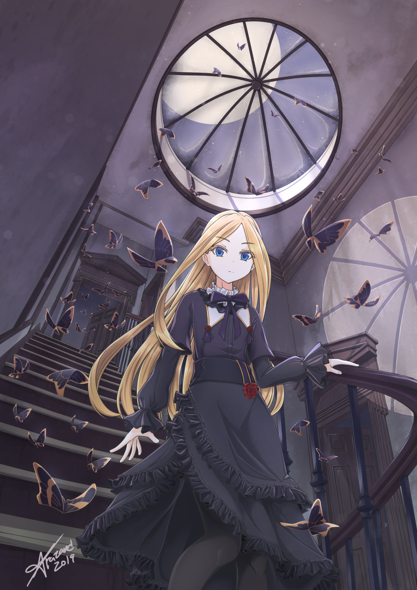 abigail_williams_(fate/grand_order) absurdres alternate_costume arazand bangs black_dress black_legwear black_ribbon blue_eyes bug butterfly commentary_request door dress eyebrows_visible_through_hair fate/grand_order fate_(series) flower from_below highres indoors insect long_hair long_sleeves looking_at_viewer open_door pantyhose parted_bangs red_flower red_rose ribbon rose solo stairs