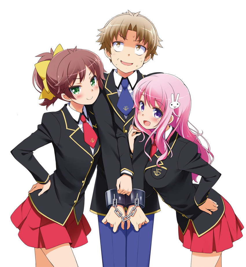 &gt;:) 1boy 2girls :d baka_to_test_to_shoukanjuu black_jacket blazer blush bow breasts brown_eyes brown_hair chain cuffs girl_sandwich green_eyes haga_yui hair_bow hair_ornament hair_ribbon hand_on_hip handcuffs highres himeji_mizuki jacket large_breasts leaning_forward long_hair long_sleeves looking_at_viewer multiple_girls necktie official_art open_mouth pink_hair ponytail red_skirt ribbon sandwiched school_uniform shackles shaded_face shimada_minami short_hair simple_background skirt small_breasts smile sweat v-shaped_eyebrows violet_eyes white_background yoshii_akihisa