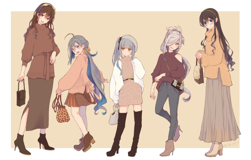 5girls :d ahoge alternate_costume ankle_boots asashimo_(kantai_collection) ashigara_(kantai_collection) asymmetrical_clothes bag bangs belt beret black_footwear black_hair blue_eyes blush boots border brown_eyes brown_footwear brown_hair brown_skirt brown_sweater casual closed_mouth colis contrapposto dress earrings full_body glasses green_eyes grey_hair grey_pants grey_skirt grin hair_over_one_eye hairband handbag hat height_difference high_heel_boots high_heels holding holding_bag jacket jewelry kantai_collection kasumi_(kantai_collection) kiyoshimo_(kantai_collection) knee_boots long_hair long_skirt long_sleeves looking_at_viewer low_ponytail miniskirt multiple_girls ooyodo_(kantai_collection) open_clothes open_jacket open_mouth orange_sweater outside_border pants plaid plaid_skirt ponytail puffy_long_sleeves puffy_sleeves round_eyewear sharp_teeth shoulder_bag shoulder_cutout side_ponytail sidelocks silver_hair simple_background single_bare_shoulder skirt sleeves_past_wrists smile standing sweater sweater_dress teeth thigh-highs thigh_boots turtleneck turtleneck_sweater twitter_username two-tone_background very_long_hair wavy_hair white_border white_headwear white_jacket yellow_background yellow_eyes yellow_hairband yellow_sweater