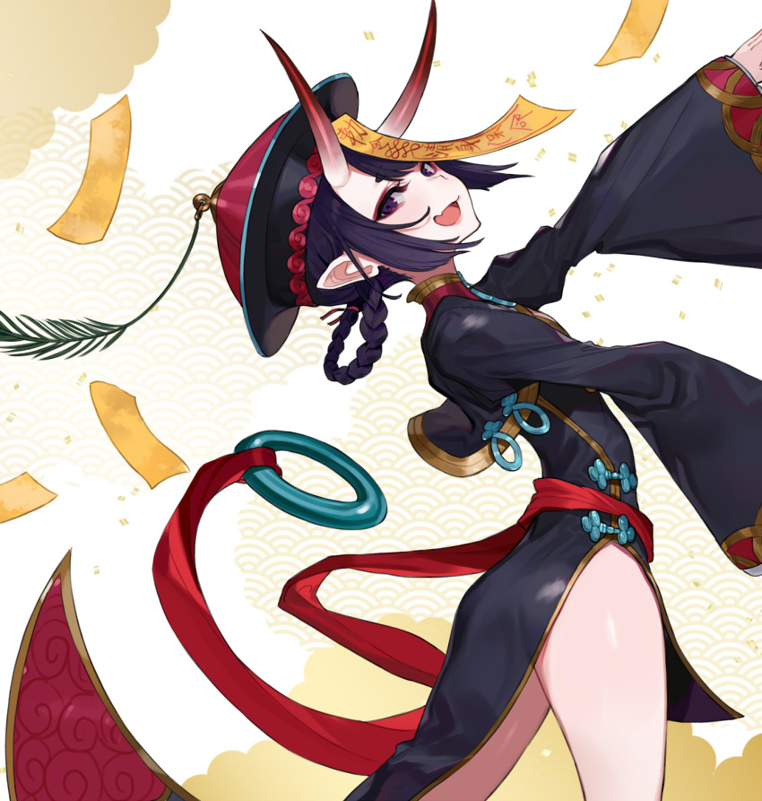 1girl :d bangs black_dress braid china_dress chinese_clothes commentary_request dress eyebrows_visible_through_hair fang fangs fate/grand_order fate_(series) hat heroic_spirit_festival_outfit highres horns jiangshi leaning_back long_sleeves looking_at_viewer looking_to_the_side ofuda oni oni_horns open_mouth outstretched_arm pink_lips pointy_ears purple_hair qing_guanmao red_headwear short_eyebrows shuten_douji_(fate/grand_order) sleeves_past_wrists smile solo standing talisman thick_eyebrows violet_eyes wide_sleeves yuu_(higashi_no_penguin)