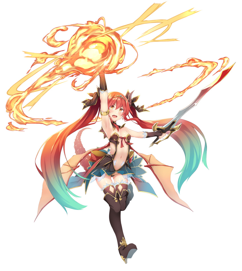 1girl absurdres aqua_hair arm_up armlet armpits black_legwear boots breasts charme_(sennen_sensou_aigis) detached_collar dragon_girl dragon_horns dragon_tail fire full_body gloves gradient_hair highres holding holding_sword holding_weapon horns long_hair multicolored_hair nanahara_fuyuki navel official_art open_mouth pointy_ears red_tail red_wings sennen_sensou_aigis simple_background small_breasts solo sword tachi-e tail thigh-highs thigh_boots twintails weapon white_background wings