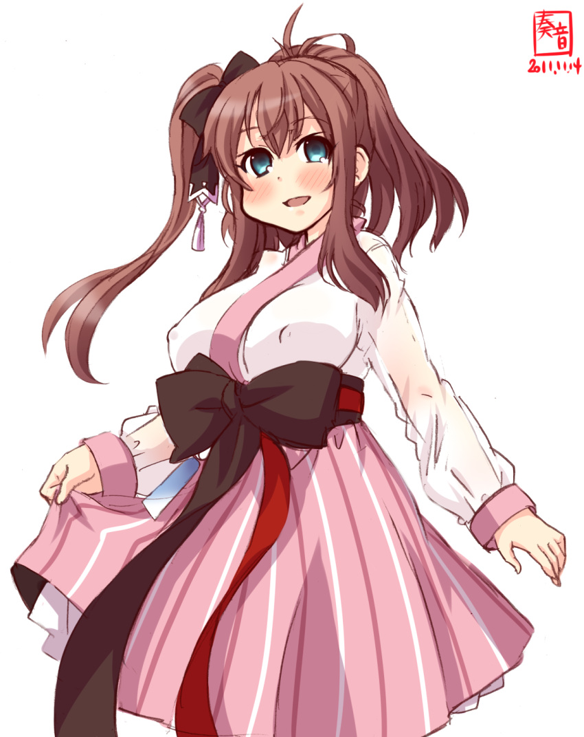 1girl alternate_costume artist_logo black_ribbon blush breasts brown_hair cosplay covered_nipples cowboy_shot dated feet_out_of_frame green_eyes hair_between_eyes hair_ornament hanbok hanbok_lift highres kanon_(kurogane_knights) kantai_collection korean_clothes large_breasts long_hair long_sleeves looking_at_viewer namesake open_mouth pink_skirt ribbon saratoga_(azur_lane) saratoga_(hibiscus-scented_idol)_(azur_lane) saratoga_(kantai_collection) sash side_ponytail signature simple_background skirt solo traditional_clothes white_background