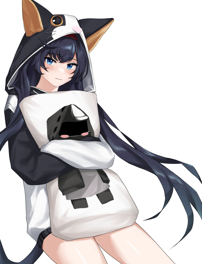 1girl absurdres animal_ears animal_hood arknights bangs black_hair blaze_(arknights) blue_eyes blush blush_stickers cat_ears cat_tail commentary_request cowboy_shot doctor_(arknights) eyebrows_visible_through_hair highres hood hoodie kakago long_hair long_sleeves looking_at_viewer no_pants object_hug official_alternate_costume pillow pillow_hug simple_background solo tail thighs very_long_hair white_background