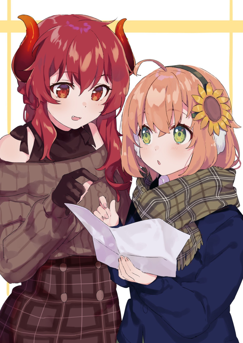 2girls :o ahoge bangs black_tank_top blue_jacket blush braid brown_gloves brown_skirt brown_sweater cowboy_shot demon_girl demon_horns dola_(nijisanji) double-breasted earmuffs eyebrows_visible_through_hair fang fingernails flower gloves green_eyes green_scarf hair_flower hair_ornament high-waist_skirt highres holding holding_paper honma_himawari horns jacket looking_at_paper medium_hair multiple_girls nana_(nana_yume87) nijisanji off-shoulder_sweater off_shoulder orange_hair paper partly_fingerless_gloves plaid plaid_scarf plaid_skirt red_eyes redhead ribbed_sweater scarf simple_background skirt smile sunflower_hair_ornament sweater symbol_commentary virtual_youtuber white_background