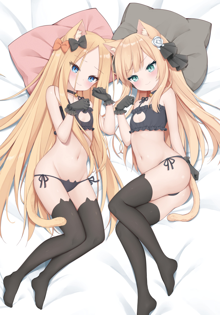 2girls abigail_williams_(fate/grand_order) absurdres animal_ears aqua_eyes ass bangs bare_shoulders bell bell_choker black_bow black_bra black_gloves black_legwear black_panties blonde_hair blue_eyes blush bow bra breasts cat_cutout cat_ear_panties cat_ears cat_lingerie cat_tail choker cleavage_cutout closed_mouth collarbone fate/grand_order fate_(series) forehead frilled_bra frills full_body gloves hair_bow highres jingle_bell kamu_(geeenius) legs long_hair looking_at_viewer lord_el-melloi_ii_case_files lying meme_attire multiple_girls navel on_side orange_bow panties parted_bangs paw_pose pillow reines_el-melloi_archisorte small_breasts smile tail thigh-highs thighs underwear