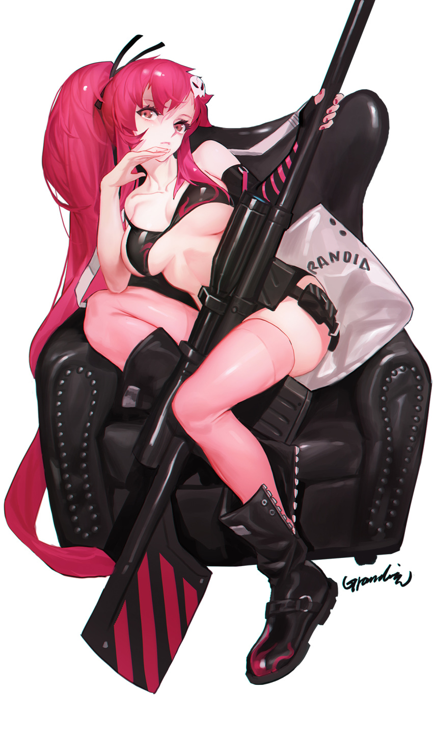 1girl :&lt; armchair artist_name bangs bare_shoulders bikini_top black_bikini_top black_footwear black_ribbon boots breasts brown_eyes chair closed_mouth collarbone fingerless_gloves full_body gloves grandialee gun hair_ornament hair_ribbon hand_on_own_face highres knee_boots large_breasts leaning_to_the_side long_hair looking_at_viewer nail_polish pillow pink_legwear pink_nails ponytail ribbon rifle signature simple_background single_glove skull_hair_ornament sniper_rifle solo strap_slip tengen_toppa_gurren_lagann thigh-highs under_boob very_long_hair weapon white_background yoko_littner
