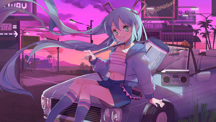1girl aqua_eyes arm_support bag bangs blue_hair blue_jacket blue_legwear blue_skirt blush boombox building car closed_mouth clouds commentary_request crop_top duffel_bag eyebrows_visible_through_hair ground_vehicle hair_between_eyes hatsune_miku headgear holding_strap hood hood_down hooded_jacket jacket kneehighs lamppost long_hair long_sleeves looking_at_viewer midriff motor_vehicle navel neon_lights open_clothes open_jacket outdoors palm_tree pink_sky power_lines shadowsinking shirt sitting skirt sky sleeves_past_wrists smile solo striped striped_shirt telephone_pole tree twintails very_long_hair vocaloid