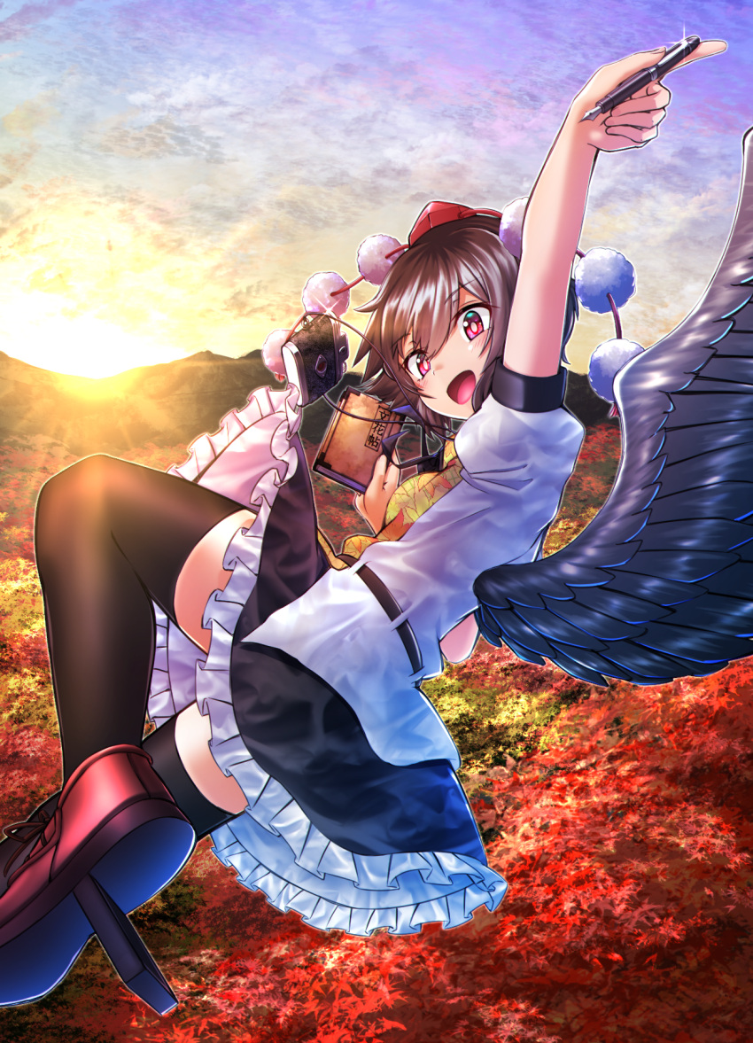 1girl arm_up autumn_leaves belt bird_wings black_legwear black_skirt blue_sky brown_hair camera camera_on_neck clouds commentary feathered_wings flying folded_leg foreshortening fountain_pen geta glint hat highres holding holding_notebook holding_pen kakutasu_(akihiron_cactus) leaf looking_at_viewer maple_leaf mountainous_horizon notebook open_mouth outdoors pen petticoat pom_pom_(clothes) puffy_short_sleeves puffy_sleeves red_eyes red_footwear red_neckwear shameimaru_aya shirt short_hair short_sleeves skirt sky solo tengu-geta thigh-highs tokin_hat touhou untucked_shirt white_shirt wings