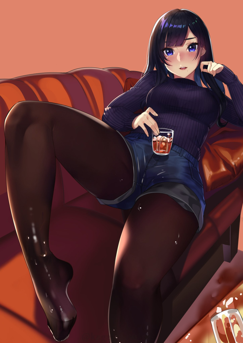 1girl alcohol bangs black_hair blue_eyes blush breasts commentary couch cup drinking_glass eyebrows_visible_through_hair hand_on_own_face highres kagematsuri lips long_hair looking_at_viewer lying medium_breasts mole mole_under_mouth open_mouth original pantyhose shorts smile solo sweater wet wet_clothes wet_pantyhose whiskey