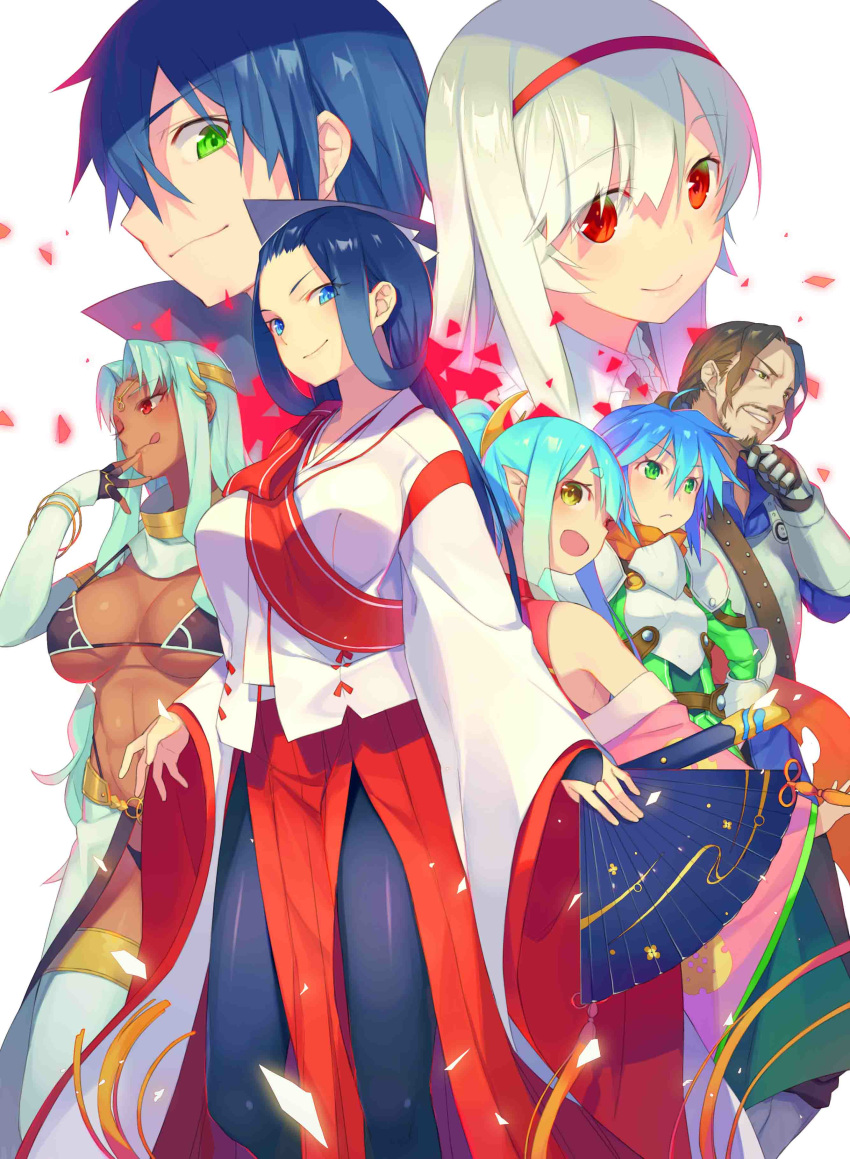 2boys 5girls ;q absurdres anna_(sennen_sensou_aigis) aqua_hair bikini black_hair blue_eyes breasts brown_hair daniella_(sennen_sensou_aigis) dark_skin eyebrows_visible_through_hair fan fingers_to_mouth green_eyes grin hairband hand_on_own_chin highres hikage_(sennen_sensou_aigis) holding holding_fan jerome_(sennen_sensou_aigis) kaguya_(sennen_sensou_aigis) katou_itsuwa large_breasts light_green_hair long_hair long_sleeves looking_at_viewer multiple_boys multiple_girls novel_illustration official_art one_eye_closed open_mouth phyllis_(sennen_sensou_aigis) prince_(sennen_sensou_aigis) red_eyes sennen_sensou_aigis smile strap_gap swimsuit tongue tongue_out white_hair wide_sleeves yellow_eyes