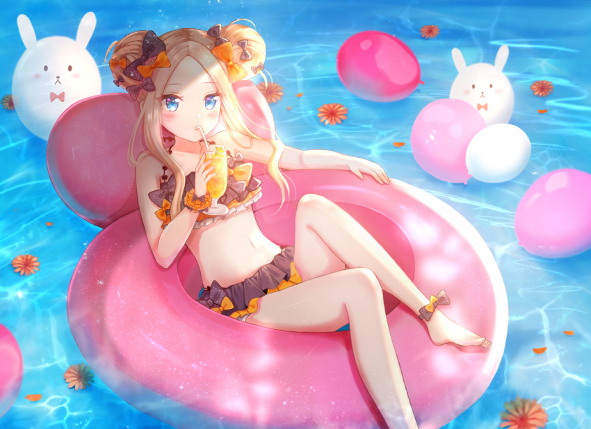 1girl abigail_williams_(fate/grand_order) afloat ankle_bow ankle_ribbon balloon bangs bare_arms bare_shoulders barefoot bendy_straw bikini black_bikini black_bow blue_eyes blush bow commentary cup day double_bun drink drinking drinking_glass drinking_straw emerald_float fate/grand_order fate_(series) flower forehead holding holding_cup innertube long_hair looking_at_viewer nasii navel orange_bow orange_flower outdoors parted_bangs petals petals_on_liquid polka_dot polka_dot_bow revision ribbon side_bun solo swimsuit water