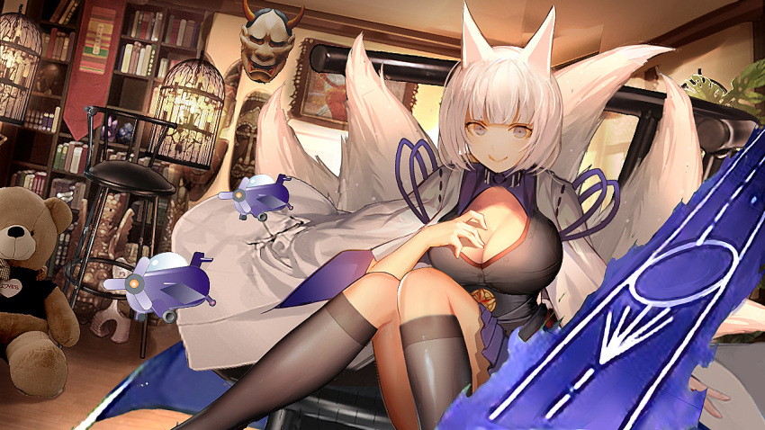 1girl adapted_costume animal_ears azur_lane bangs blue_eyes blunt_bangs breasts eyeliner eyeshadow fox_ears fox_girl fox_tail gudadan japanese_clothes kaga_(azur_lane) kimono makeup multiple_tails rigging short_hair solo tail white_hair white_kimono