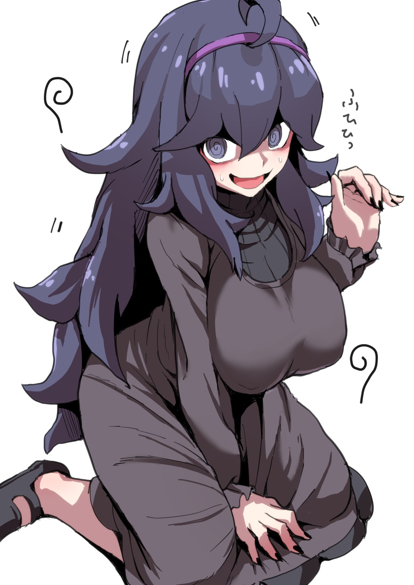 absurdres ahoge breasts dress hairband hex_maniac_(pokemon) highres large_breasts long_hair manno_(kanpi2100) messy_hair pokemon ribbed_sweater simple_background smile sweater white_background