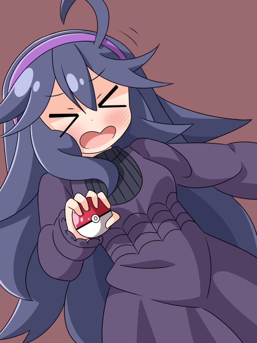 &gt;_&lt; 1girl ahoge bangs black_hair blush brown_background closed_eyes dress eyebrows_visible_through_hair facing_viewer hair_between_eyes hairband hana_kazari hex_maniac_(pokemon) highres holding holding_poke_ball long_hair long_sleeves open_mouth poke_ball poke_ball_(generic) pokemon pokemon_(game) pokemon_xy purple_dress purple_hairband simple_background solo very_long_hair