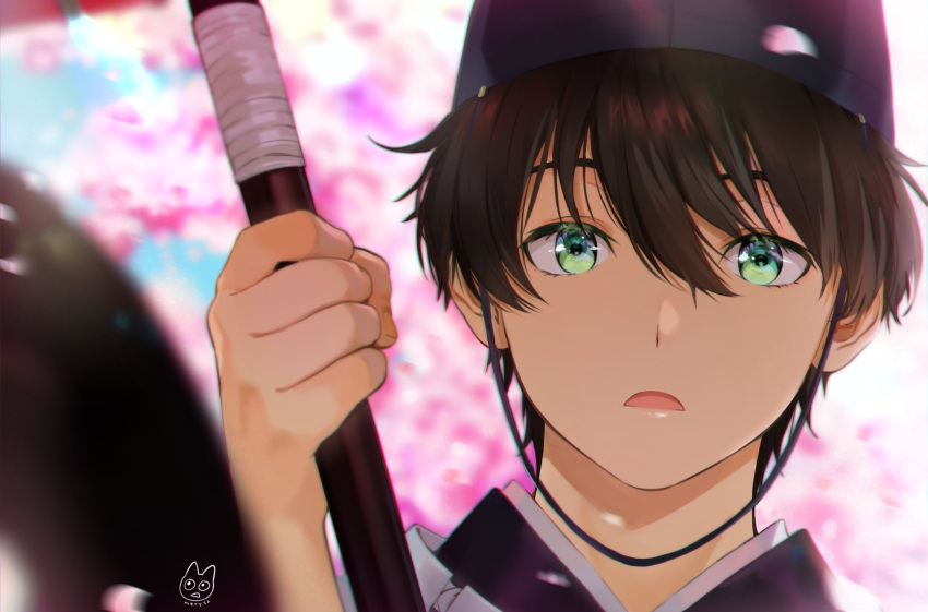 1boy artist_name bangs brown_hair close-up commentary_request green_eyes hair_between_eyes hat highres holding hyouka looking_at_viewer male_focus mery_(apfl0515) open_mouth oreki_houtarou simple_background solo