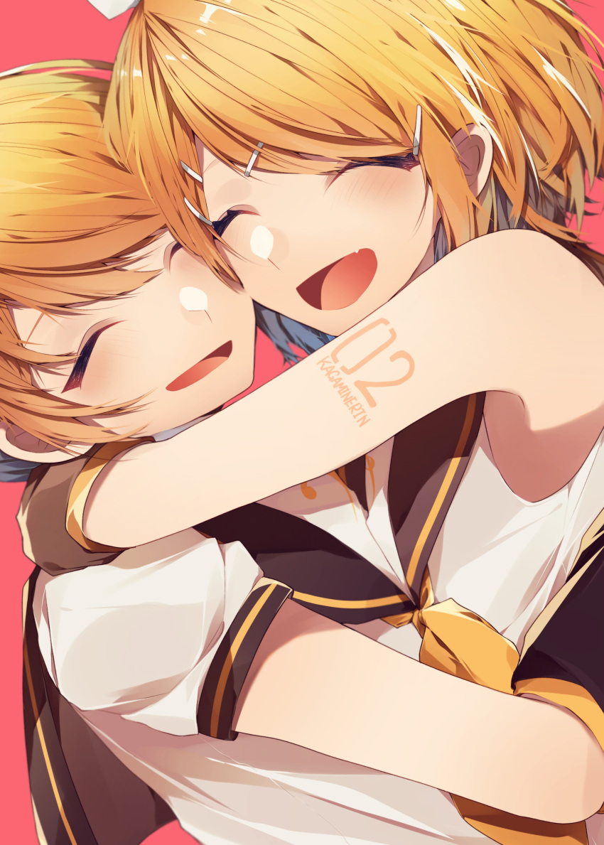 absurdres arms_around_neck arms_around_waist bangs bare_shoulders bass_clef black_collar black_sleeves blonde_hair bow character_name cheek-to-cheek close-up closed_eyes collar commentary detached_sleeves fang hair_bow hair_ornament hairclip highres hug kagamine_len kagamine_rin light_blush manya_sora mutual_hug neckerchief open_mouth red_background sailor_collar school_uniform shirt short_hair short_sleeves shoulder_tattoo sleeveless sleeveless_shirt smile swept_bangs tattoo vocaloid white_shirt yellow_neckwear