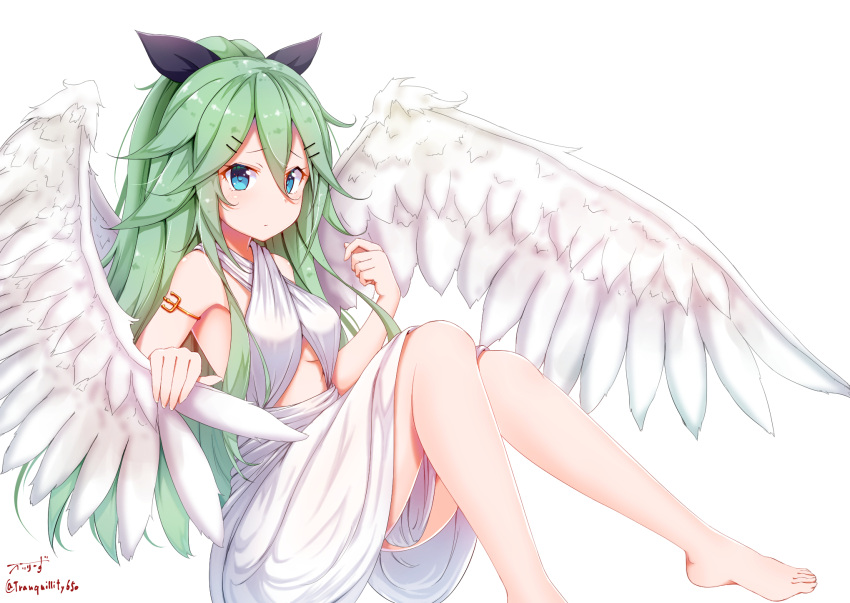 1girl alternate_costume angel_wings armlet artist_name baileys_(tranquillity650) bangs bare_shoulders black_bow bow commentary_request criss-cross_halter dress eyebrows_visible_through_hair green_eyes green_hair hair_between_eyes hair_bow hair_ornament hairclip halterneck highres kantai_collection knees_up long_hair looking_at_viewer parted_bangs signature simple_background sitting solo white_background white_dress wings yamakaze_(kantai_collection)