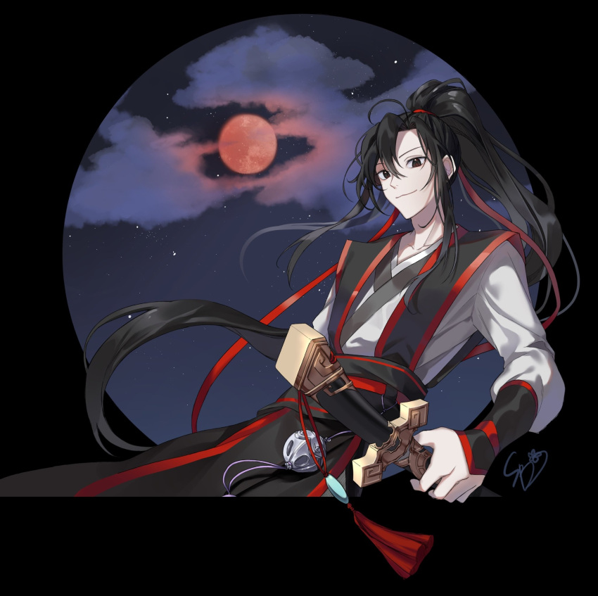 1boy 600so artist_name bell black_hair clouds hair_between_eyes highres long_hair long_sleeves male_focus mo_dao_zu_shi moon night night_sky ponytail red_moon red_ribbon ribbon sheath sheathed sky smile solo standing sword very_long_hair weapon wuxian_wei