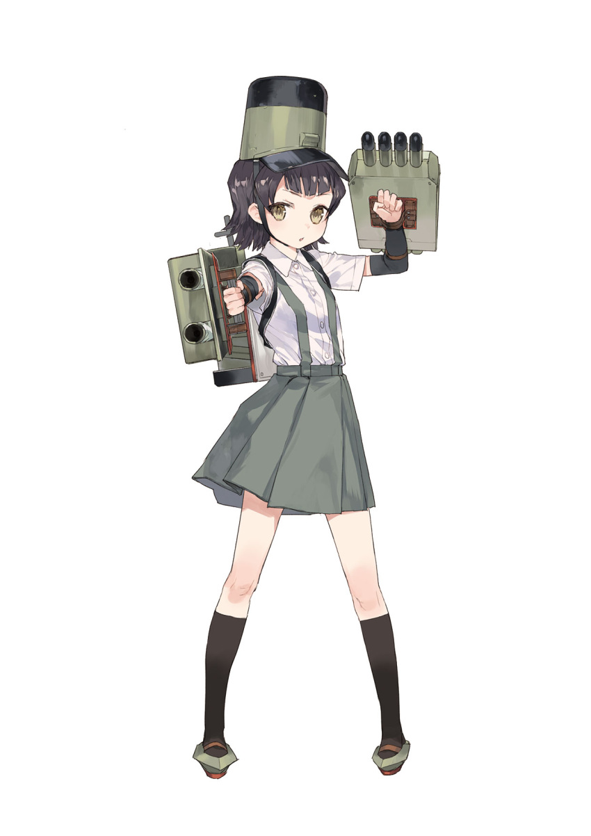 1girl arare_(kantai_collection) arm_up arm_warmers armpit_peek bangs black_hair black_legwear black_skirt buttons cannon collared_shirt full_body hat highres holding holding_weapon kantai_collection kneehighs looking_at_viewer noco_(adamas) novel_illustration official_art pleated_skirt shirt shoes short_sleeves simple_background skirt solo standing suspender_skirt suspenders weapon white_background white_shirt yellow_eyes