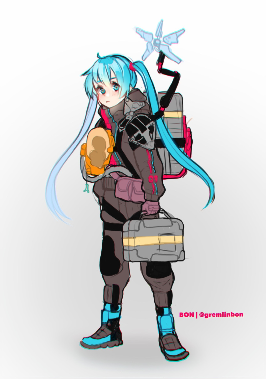 1girl backpack bag boots briefcase carrying clip_studio_paint death_stranding gloves gremlinbon hatsune_miku highres jumpsuit knee_pads looking_at_viewer odradek ornament parody pink_gloves solo spring_onion standing strap tube twintails vocaloid